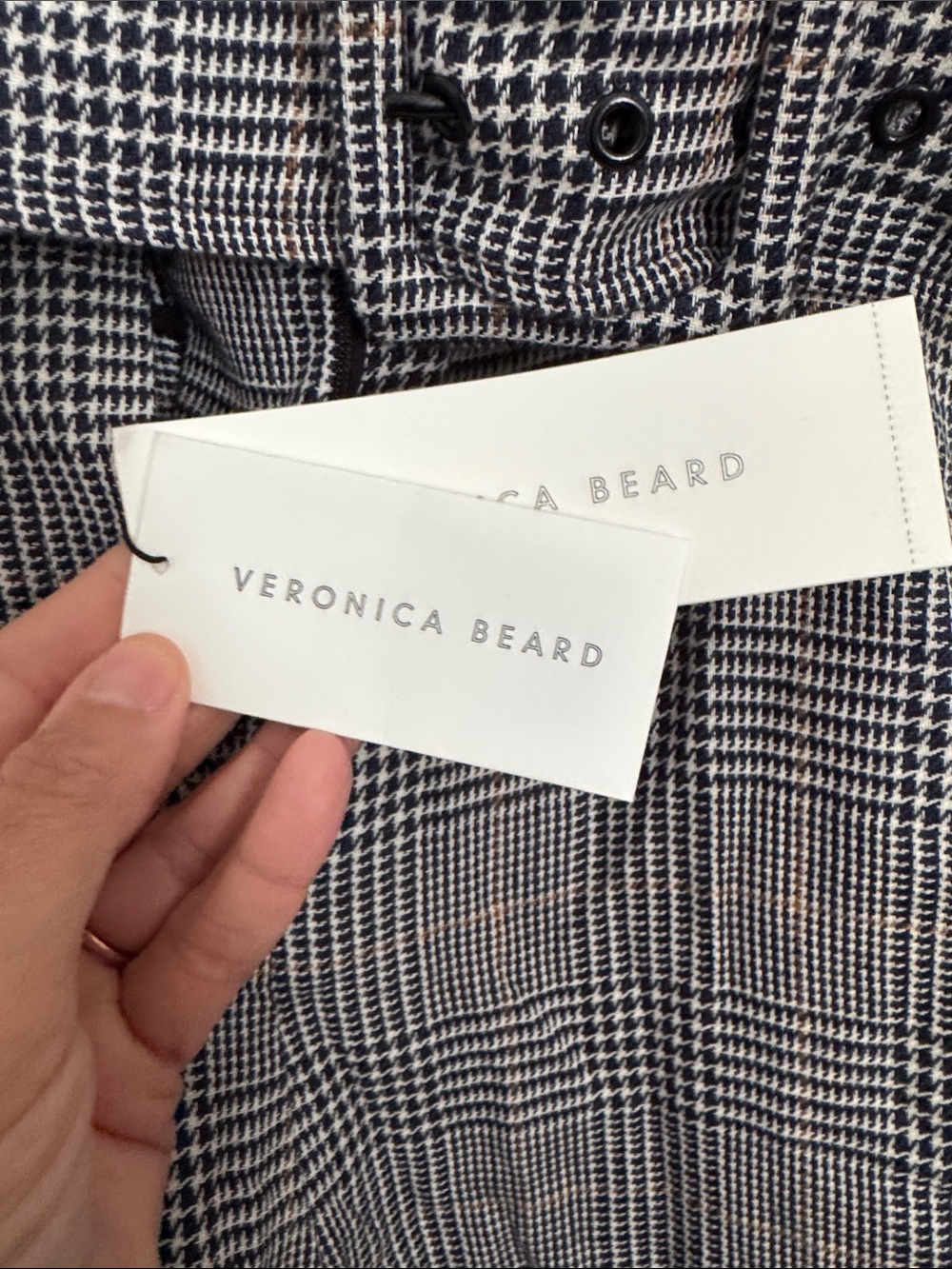 Veronica Beard Dexter pant, navy blue & White Plaid Paperbag Waist Wide-Leg - Picture 2 of 5